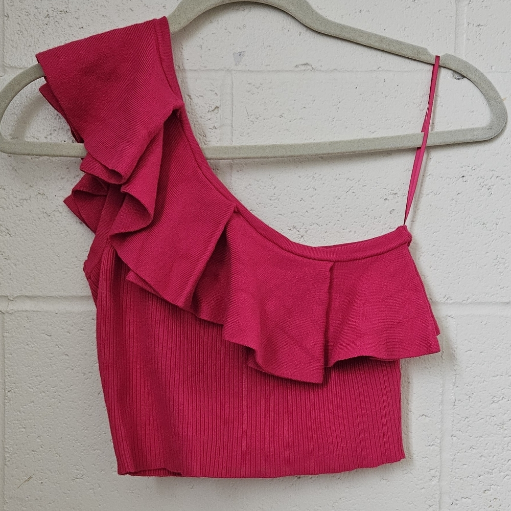 Express Pink Ruffle One Shoulder Cropped Sweater Tank - Picture 3 of 12